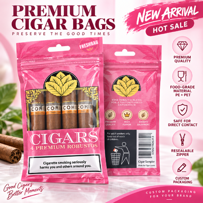 cigar bags custom fabricated from MOPP PE material structure designed to maintain cigar freshness